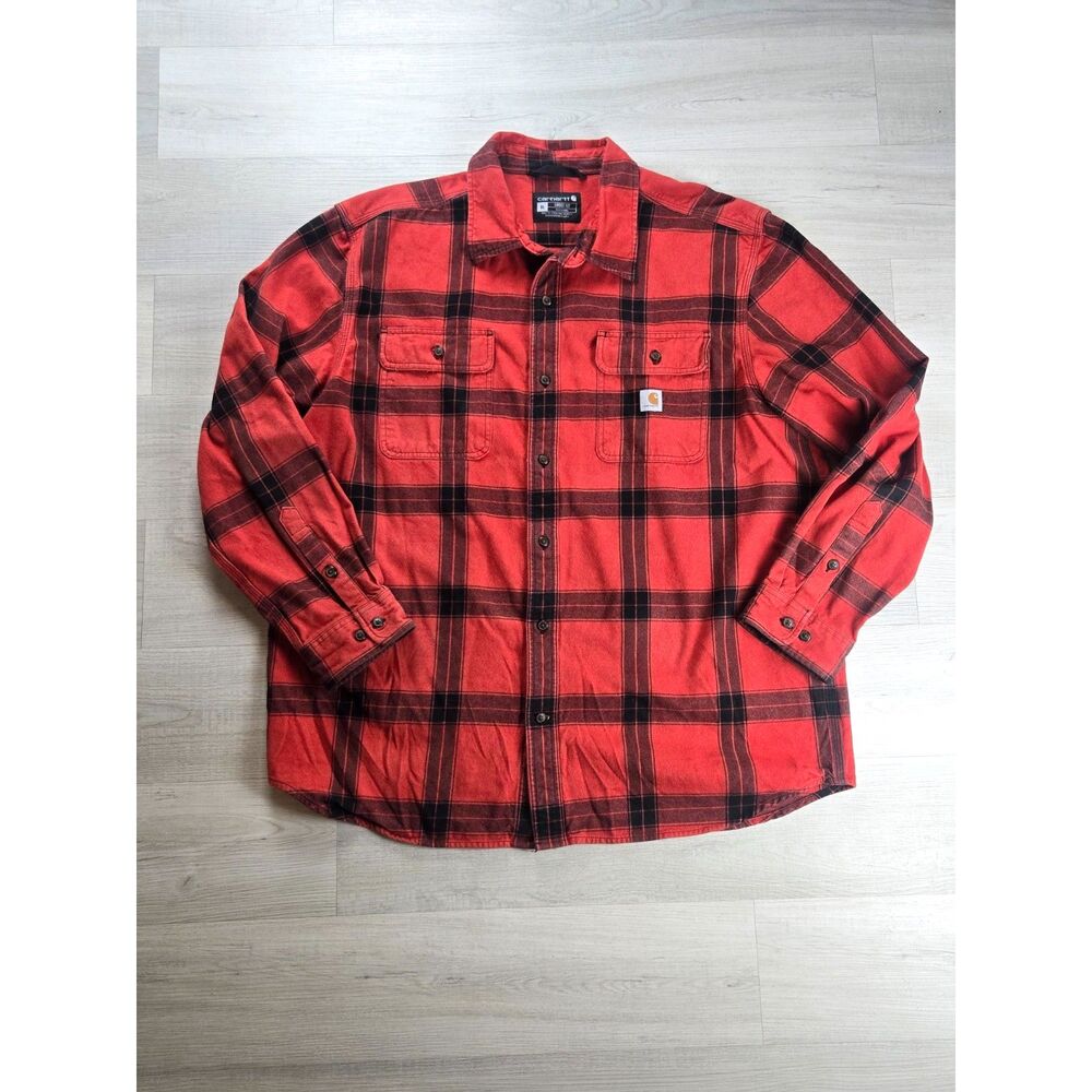 Carhartt Men's XL Red Black Plaid Flannel Shirt Loose Fit Long Sleeve TW4451-M